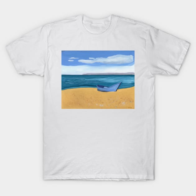 Blue Boat by the Ocean Gouache Painting T-Shirt by Sandraartist